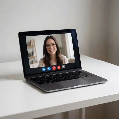 Un ordinateur portable posé sur une surface blanche, montrant l'écran d'une femme souriante lors d'une réunion vidéo professionnelle.