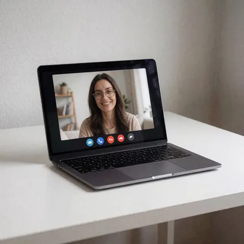 Un ordinateur portable posé sur une surface blanche, montrant l'écran d'une femme souriante lors d'une réunion vidéo professionnelle.