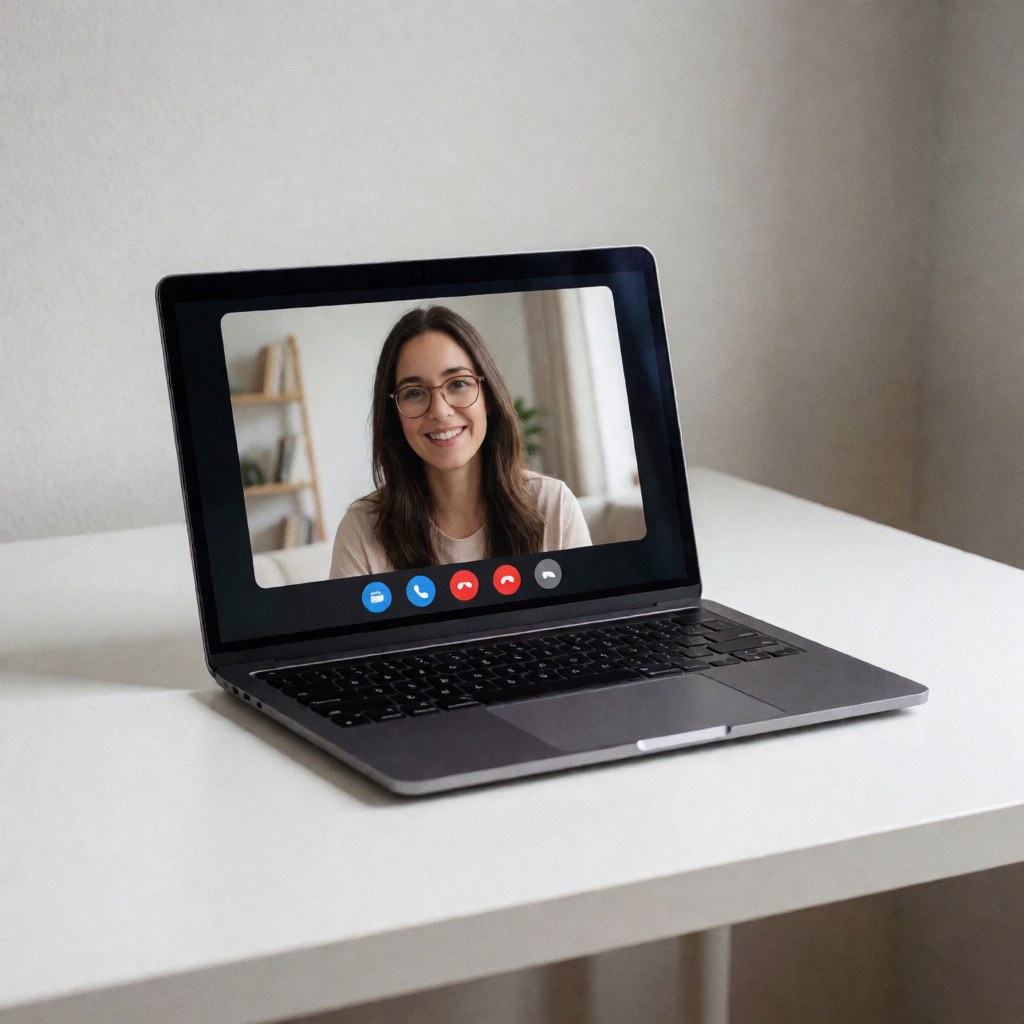 Un ordinateur portable posé sur une surface blanche, montrant l'écran d'une femme souriante lors d'une réunion vidéo professionnelle.