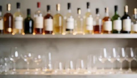 Arrière-plan flou de bouteilles d'alcool et de verres à vin sur des étagères, idéal pour les textes publicitaires dans les bars et les cocktails.