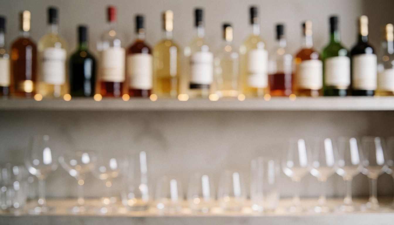 Arrière-plan flou de bouteilles d'alcool et de verres à vin sur des étagères, idéal pour les textes publicitaires dans les bars et les cocktails.