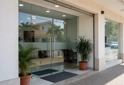 Entrée de magasin avec portes en verre, plantes en pots et tapis sombres sur le seuil.