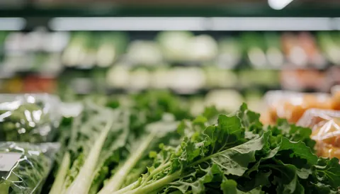 Des légumes verts frais disposés sur des étagères de minimarket, accompagnés d'emballages plastiques transparents pour la vente au détail.
