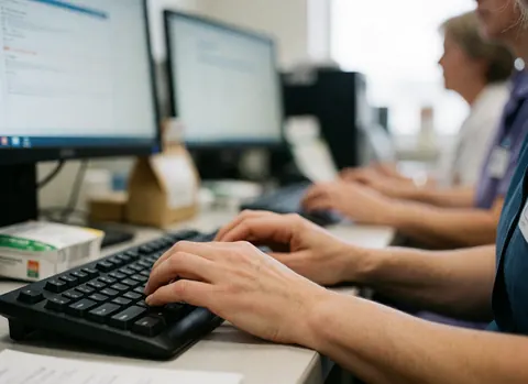 Gros plan sur des mains tapant sur des claviers d'ordinateur dans un environnement de bureau clinique.