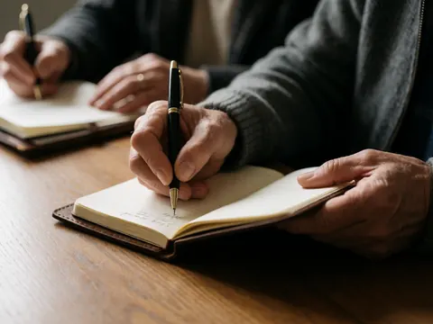 Deux personnes utilisent des stylos pour écrire sur des cahiers posés sur une table en bois.