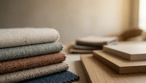 Des échantillons de tissu et des panneaux de bois disposés sur une table de travail dans un bureau de design d'intérieur.