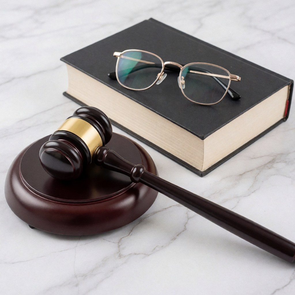Un marteau de juge, un livre et des lunettes reposent sur une surface en marbre blanc et gris.