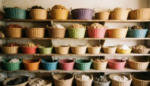 Des étagères avec des paniers colorés contenant des fruits secs et des céréales naturelles dans un marché ou une boutique.