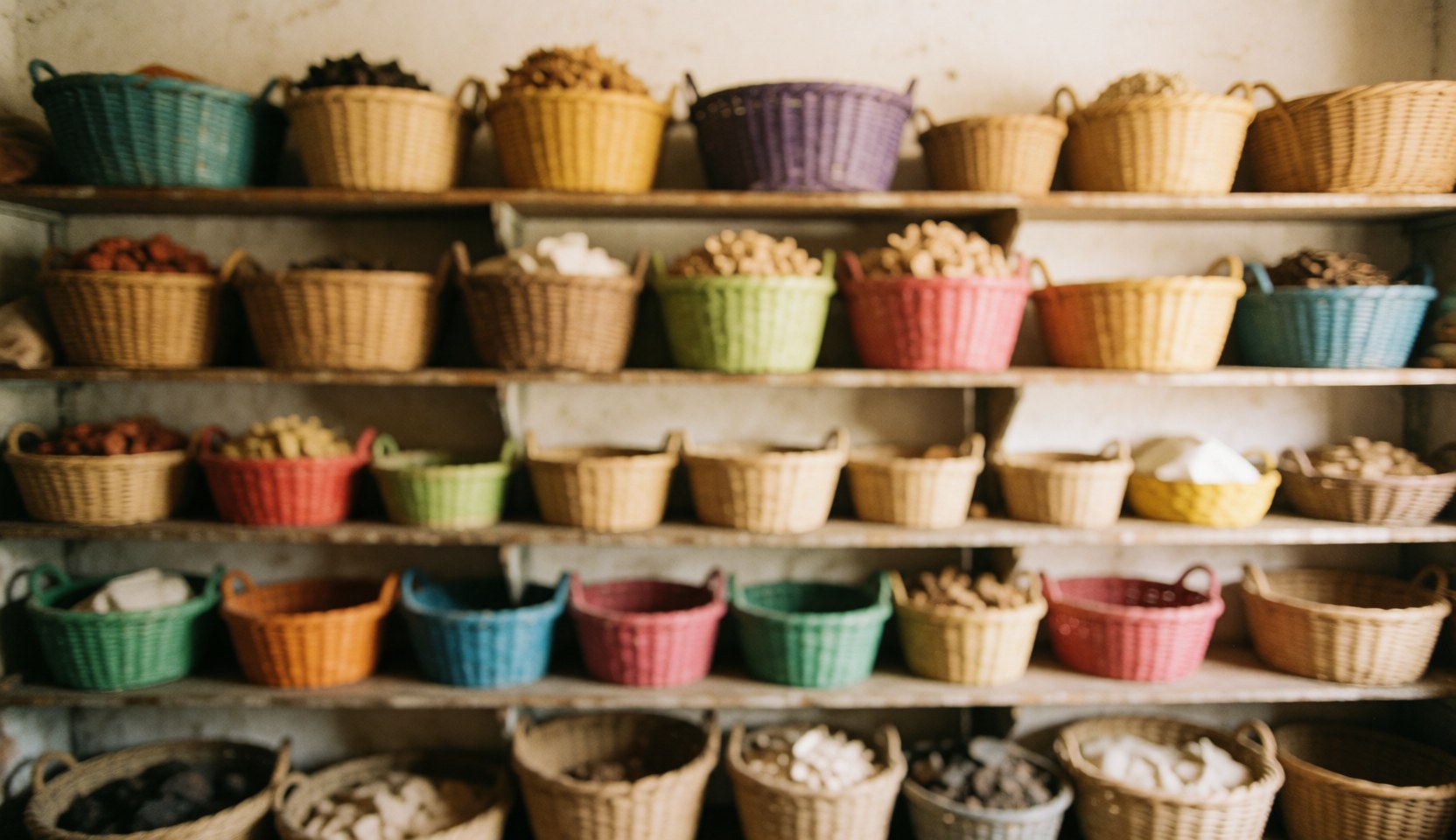Des étagères avec des paniers colorés contenant des fruits secs et des céréales naturelles dans un marché ou une boutique.