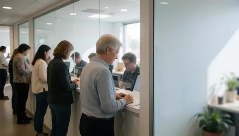 Plusieurs clients adultes attendent en file d'attente dans une réception de bureau moderne, échangeant avec le personnel derrière le comptoir.