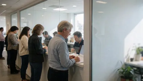 Plusieurs clients adultes attendent en file d'attente dans une réception de bureau moderne, échangeant avec le personnel derrière le comptoir.
