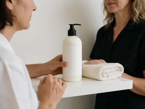 Une cliente reçoit un produit de soin pour chien dans un salon tandis qu'une professionnelle tient une serviette blanche et un flacon pompe.