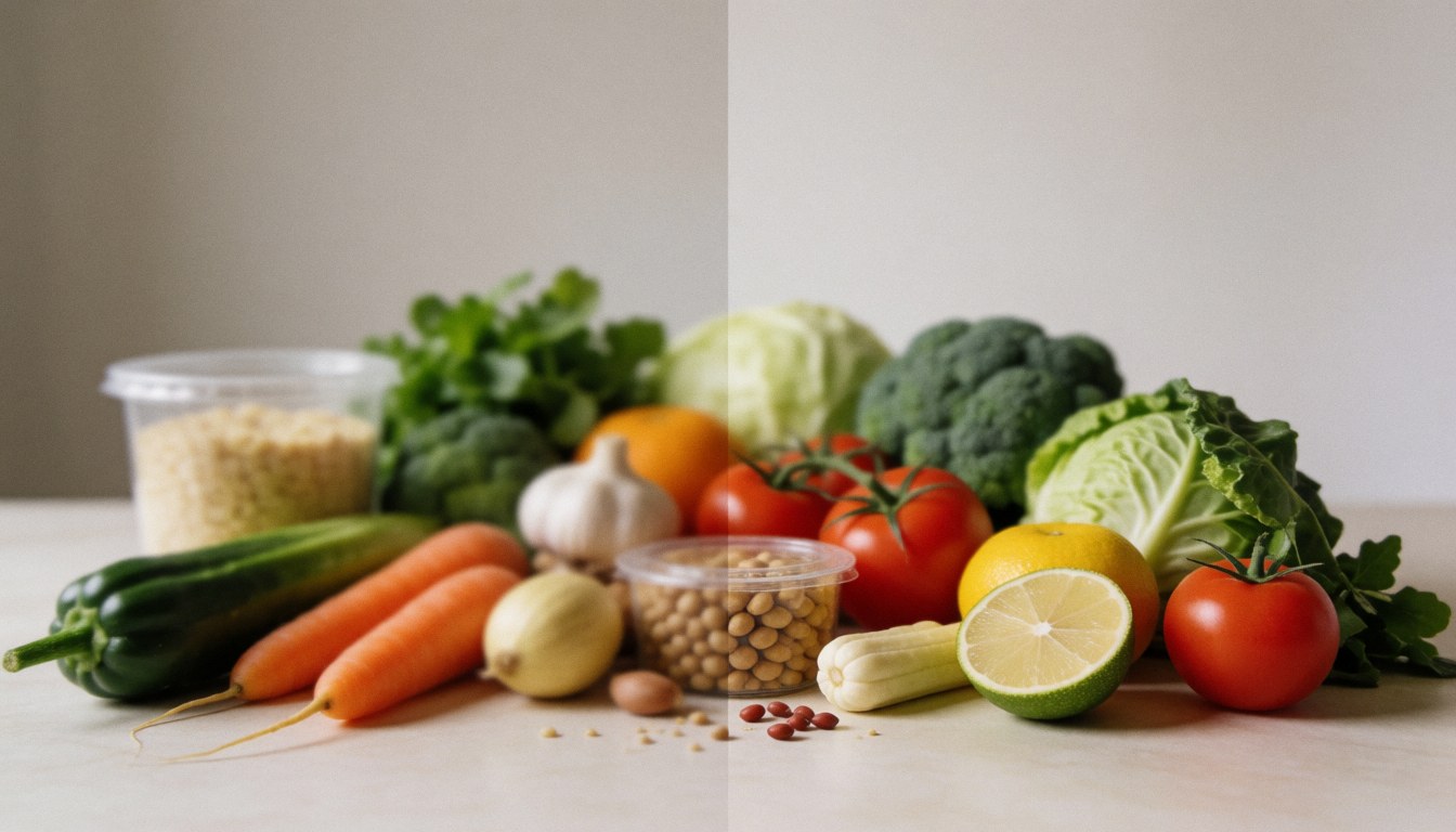 Variété de légumes et fruits frais posés sur une table blanche, évoquant la nutrition et la cuisine saine.