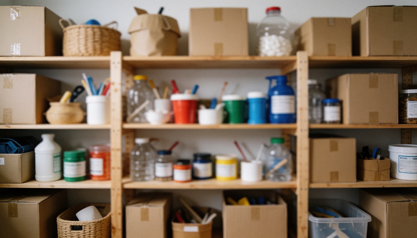 Des étagères en bois chargées de cartons, de récipients et d'outils pour le déménagement ou l'atelier, sur un fond flou.