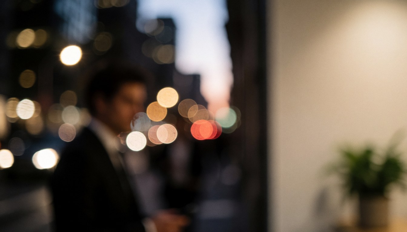 Un homme d'affaires debout près d'une fenêtre avec des lumières bokeh de la ville au coucher du soleil.