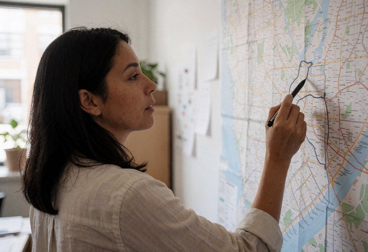 Une femme utilise un stylo pour indiquer un parcours sur une grande carte accrochée au mur d'un bureau.