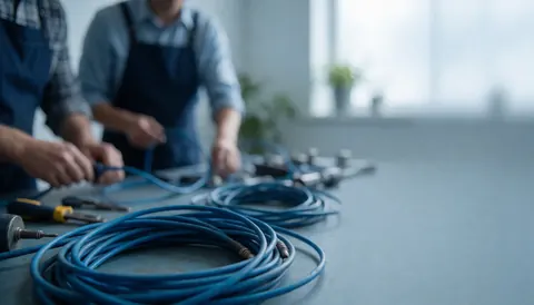 Câbles bleus et outils électriques sur une table de travail, avec des électricistes en arrière-plan travaillant dans un atelier bien éclairé.