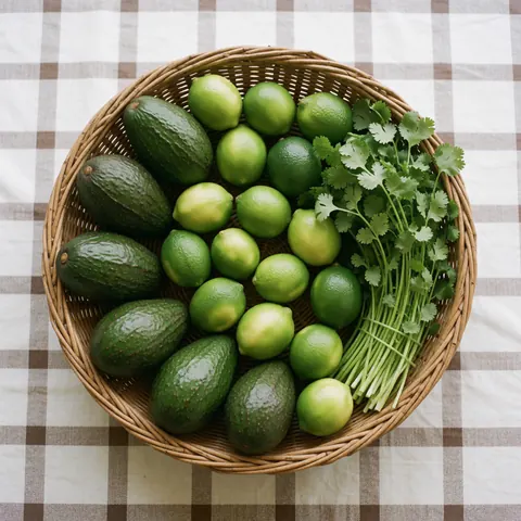 Panier en osier contenant des avocats, des citrons verts et du coriandre fraîche posé sur une nappe à carreaux, adapté pour un mini-supermarché.