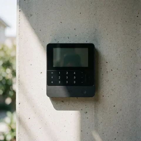 Un panneau de sécurité contemporain est monté sur un mur en béton brut, équipé d'un clavier numérique et d'un écran d'affichage, éclairé par une lumière naturelle provenant de la gauche.