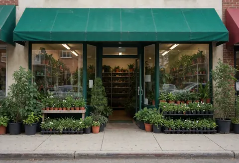 Façade d'un magasin de jardinage présentant des plantes en pots sous un auvent vert, avec une vitrine exposant des produits et une entrée accessible.