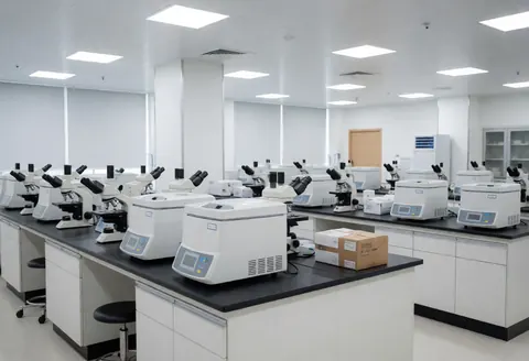 Intérieur d'un laboratoire clinique moderne et propre, équipé de microscopes et de centrifugeuses sur des tables blanches et noires, sous un éclairage vif avec des murs blancs.