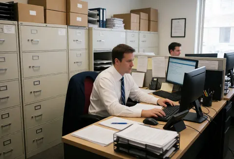 Un homme est assis à son bureau d'office, entouré de dossiers, d'un ordinateur portable et de documents administratifs sur la table.