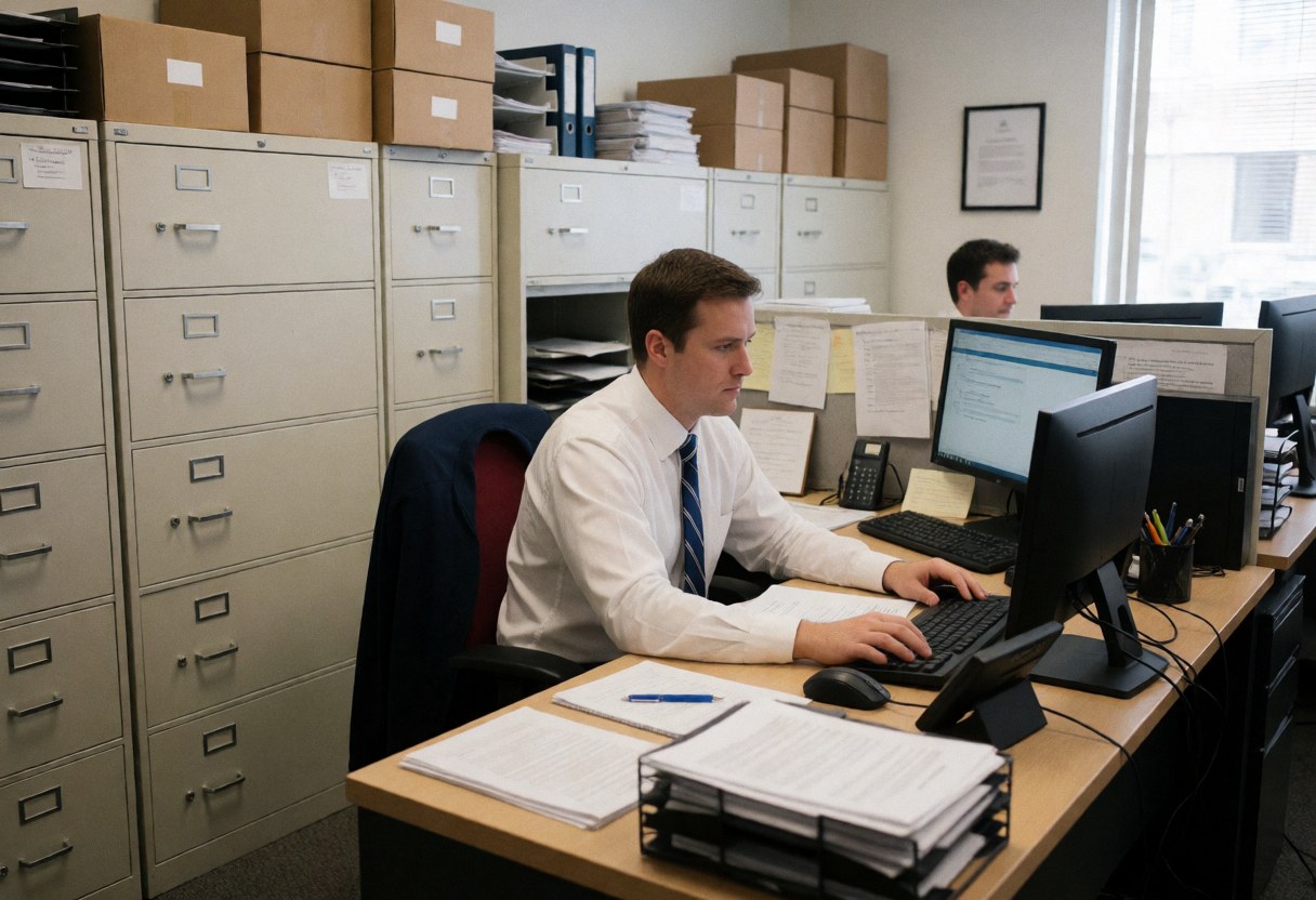 Un homme est assis à son bureau d'office, entouré de dossiers, d'un ordinateur portable et de documents administratifs sur la table.