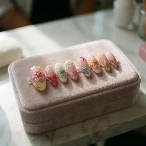 Ensemble d'ongles acryliques aux délicats dessins floraux disposés dans une boîte en velours rose sur une table.