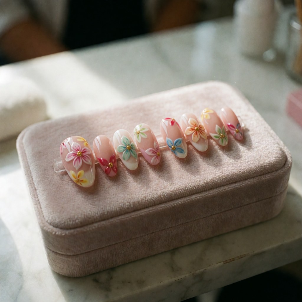 Ensemble d'ongles acryliques aux délicats dessins floraux disposés dans une boîte en velours rose sur une table.