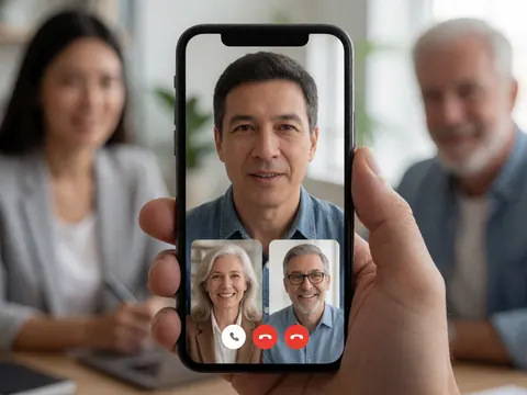 Une main tient un téléphone affichant une réunion virtuelle avec quatre personnes souriantes en ligne.
