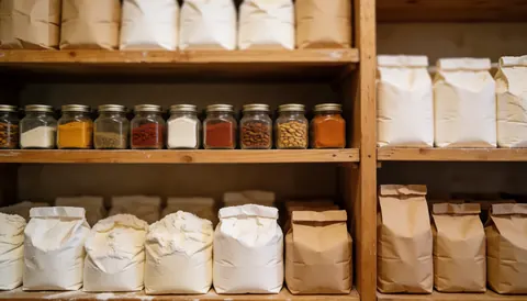 Des étagères en bois organisées avec des sacs de farine et des bocles d'épices dans une boulangerie.