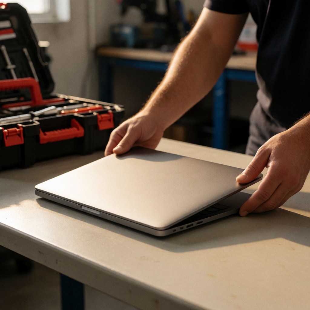 Un homme dépose un ordinateur portable sur une table de travail avec une boîte à outils en arrière-plan.