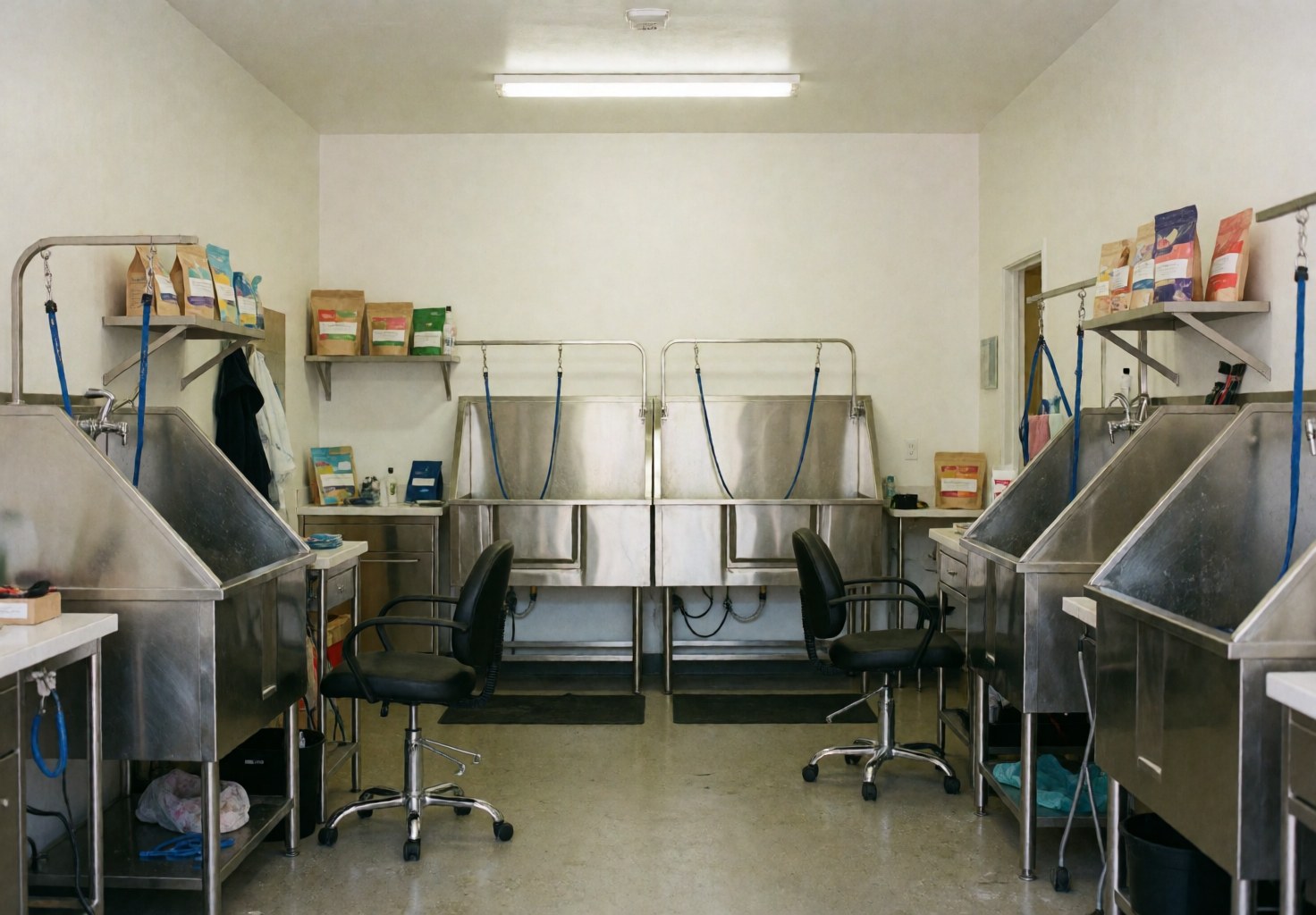 Vue intérieure d'un salon de toilettage pour chiens vide, équipé de baignoires en acier inoxydable, de chaises et d'étagères. L'espace est propre, ordonné et prêt à accueillir les clients.