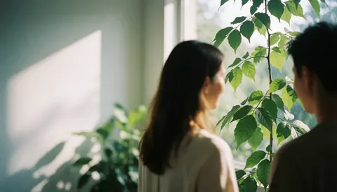 Vue arrière de deux individus observant des végétaux près d'une fenêtre baignée de lumière naturelle dans un espace de travail.