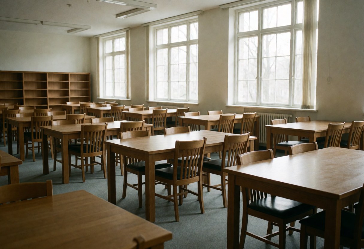 Salle d'étude vide équipée de tables et chaises en bois, grandes fenêtres et étagères, idéale pour réunions ou cours.