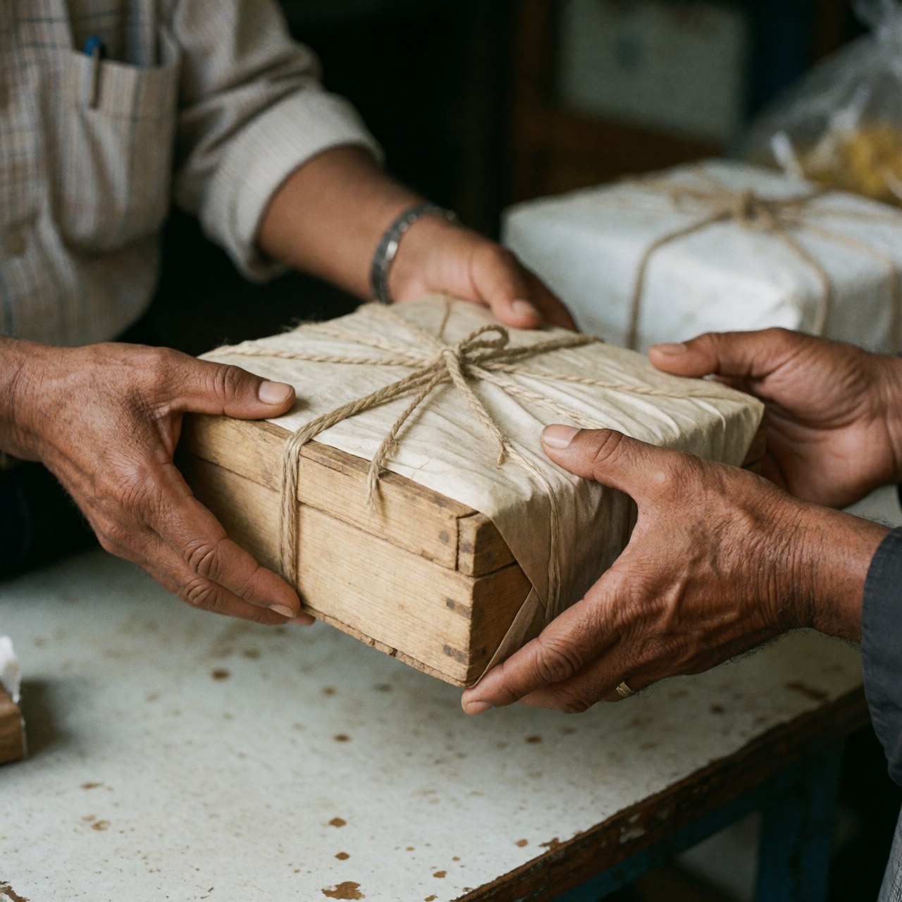 Des mains tenant un paquet en bois enveloppé de papier et attaché avec une corde, dans un contexte de vente ou de livraison.