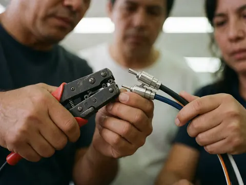 Des mains d'adultes branchent des câbles avec un outil de sertissage dans un atelier lumineux, montrant les détails des connecteurs et de l'isolation.