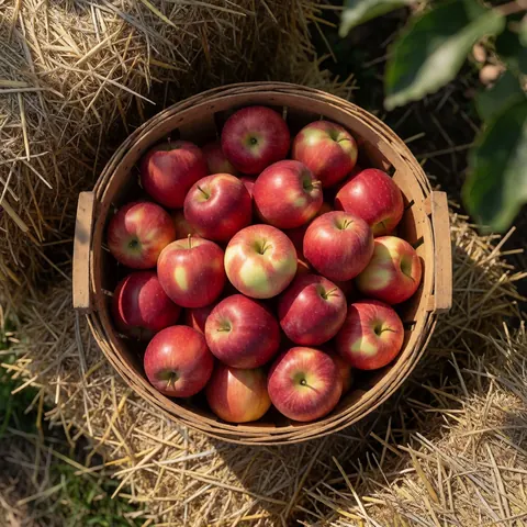 Un panier rempli de pommes rouges brillantes posé sur du foin dans un verger sous une lumière naturelle tamisée.
