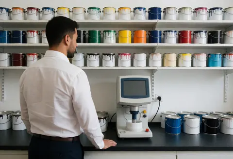 Intérieur d'un laboratoire de peinture avec des étagères remplies de pots de peinture et un mélangeur numérique sur la table. Un homme observe l'équipement.