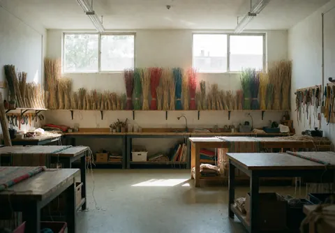 Espace de travail avec tables et cannes colorées prêtes à tisser, outils suspendus et lumière naturelle par les fenêtres.