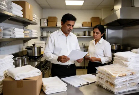 Un homme et une femme consultent des documents dans une cuisine professionnelle équipée de serviettes et de contenants alimentaires.