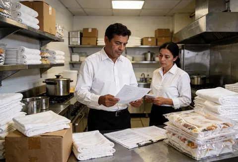 Un homme et une femme consultent des documents dans une cuisine professionnelle équipée de serviettes et de contenants alimentaires.