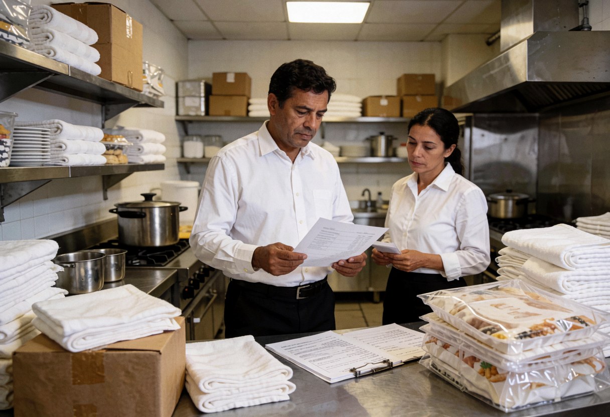 Un homme et une femme consultent des documents dans une cuisine professionnelle équipée de serviettes et de contenants alimentaires.