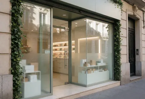 Façade d'une clinique esthétique moderne avec de grandes baies vitrées et des plantes grimpantes sur les murs.