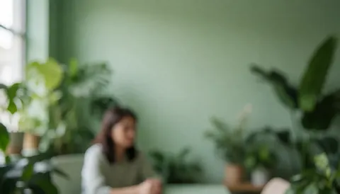 Une femme est assise dans un bureau moderne aux murs verts, entourée de nombreuses plantes décoratives créant une atmosphère calme et apaisante.