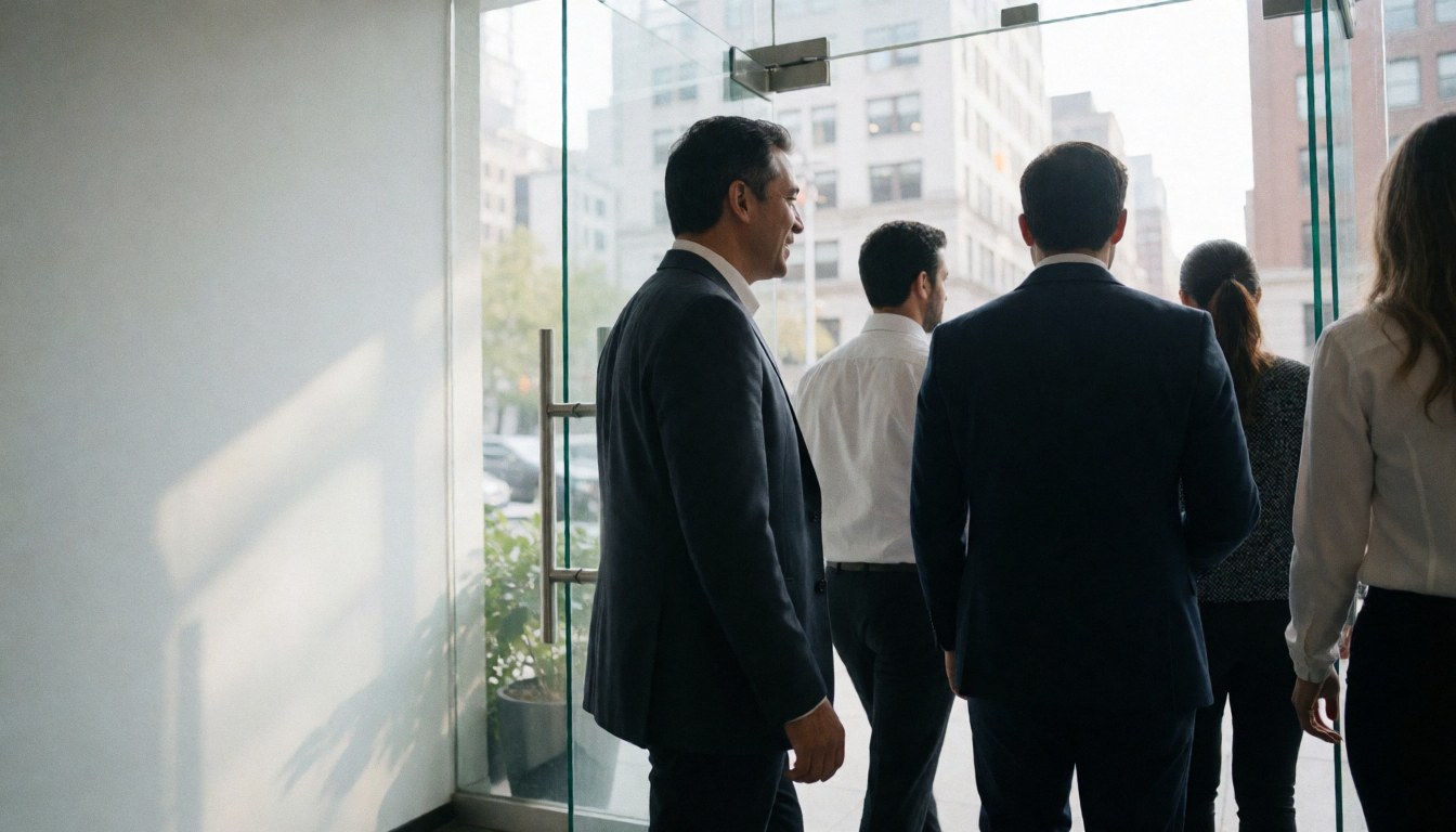 Professionnels en costume sortant d'un bureau avec vue sur la ville.