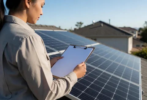 Une technicienne avec un classeur examine des panneaux solaires installés sur le toit d'une maison sous un ciel bleu clair.