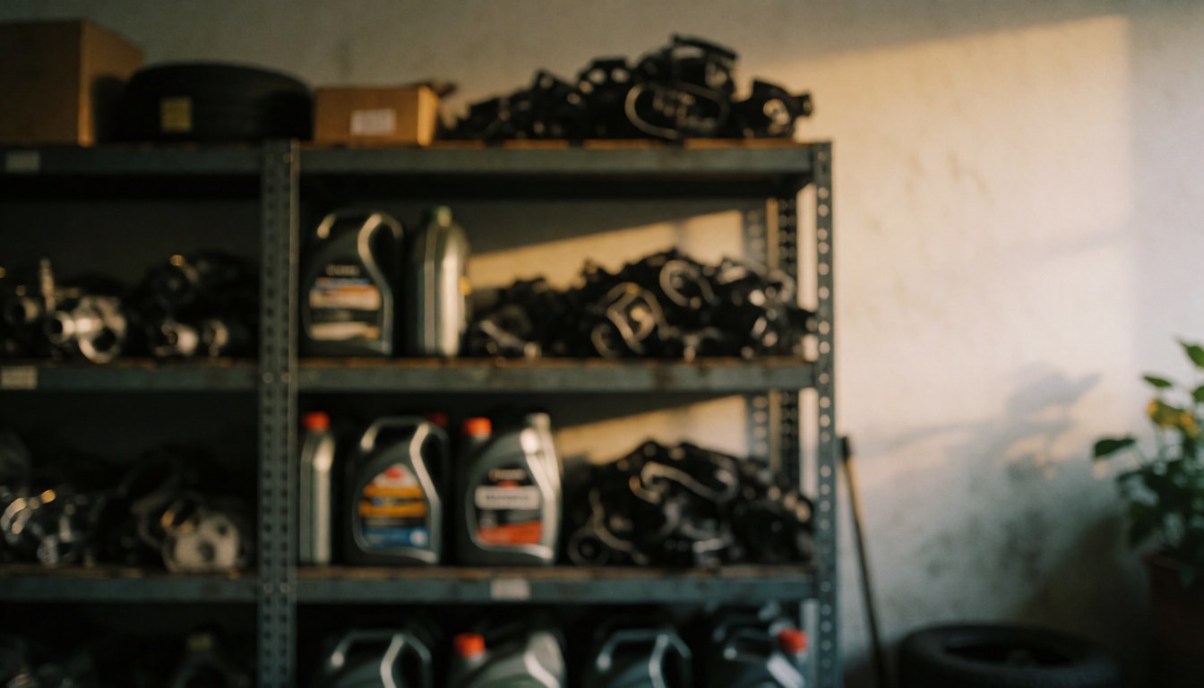 Étagères remplies d'huiles et de pièces mécaniques dans un garage automobile, servant de fond texturé pour vos projets.