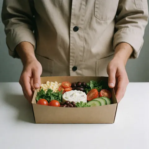 Une personne tend une boîte contenant des légumes frais, tomates, avocat et fromage.