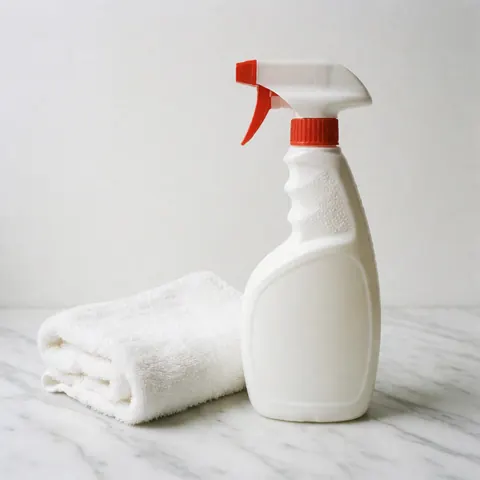 Une bouteille de nettoyant avec pulvérisateur posée sur une surface en marbre blanc, accompagnée d'une serviette blanche pliée.